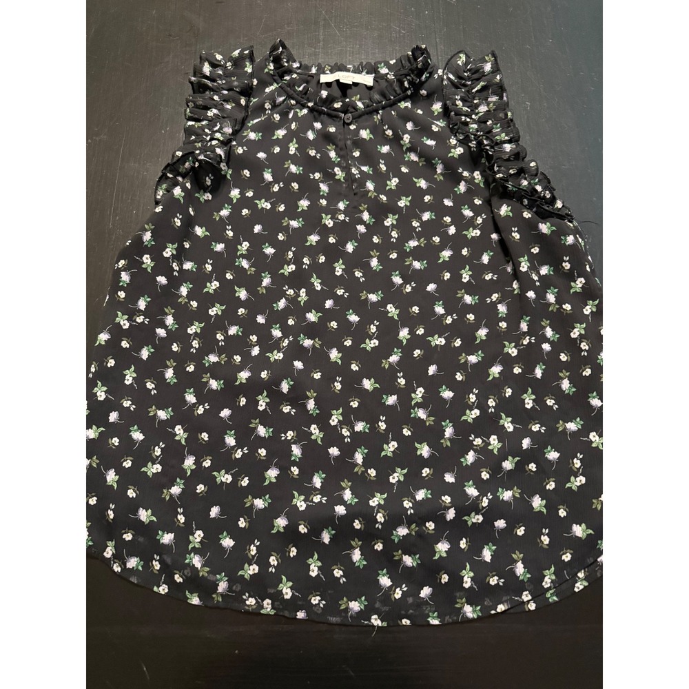 Loft Black Floral Ruffle Neck Sleeveless Blouse Top‎ Womens Small